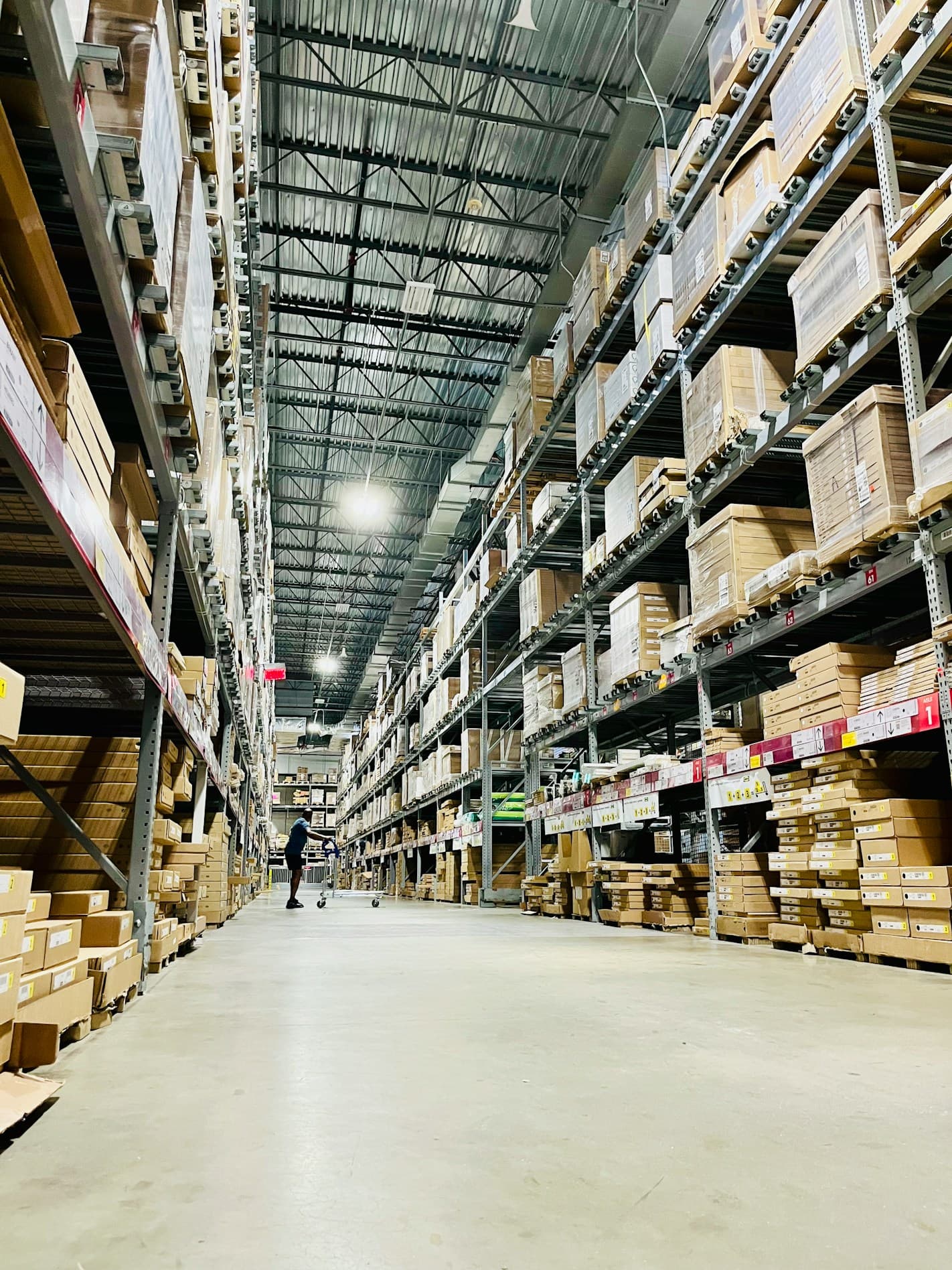 Racking aisle in a high-bay fulfillment warehouse