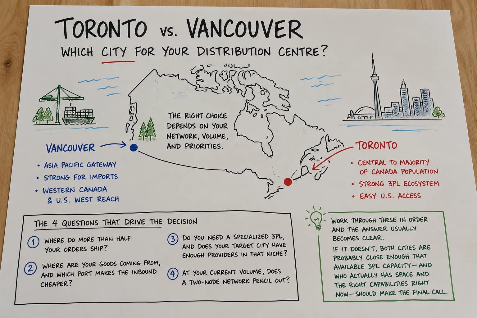 How do I decide between Toronto and Vancouver for my distribution centre?